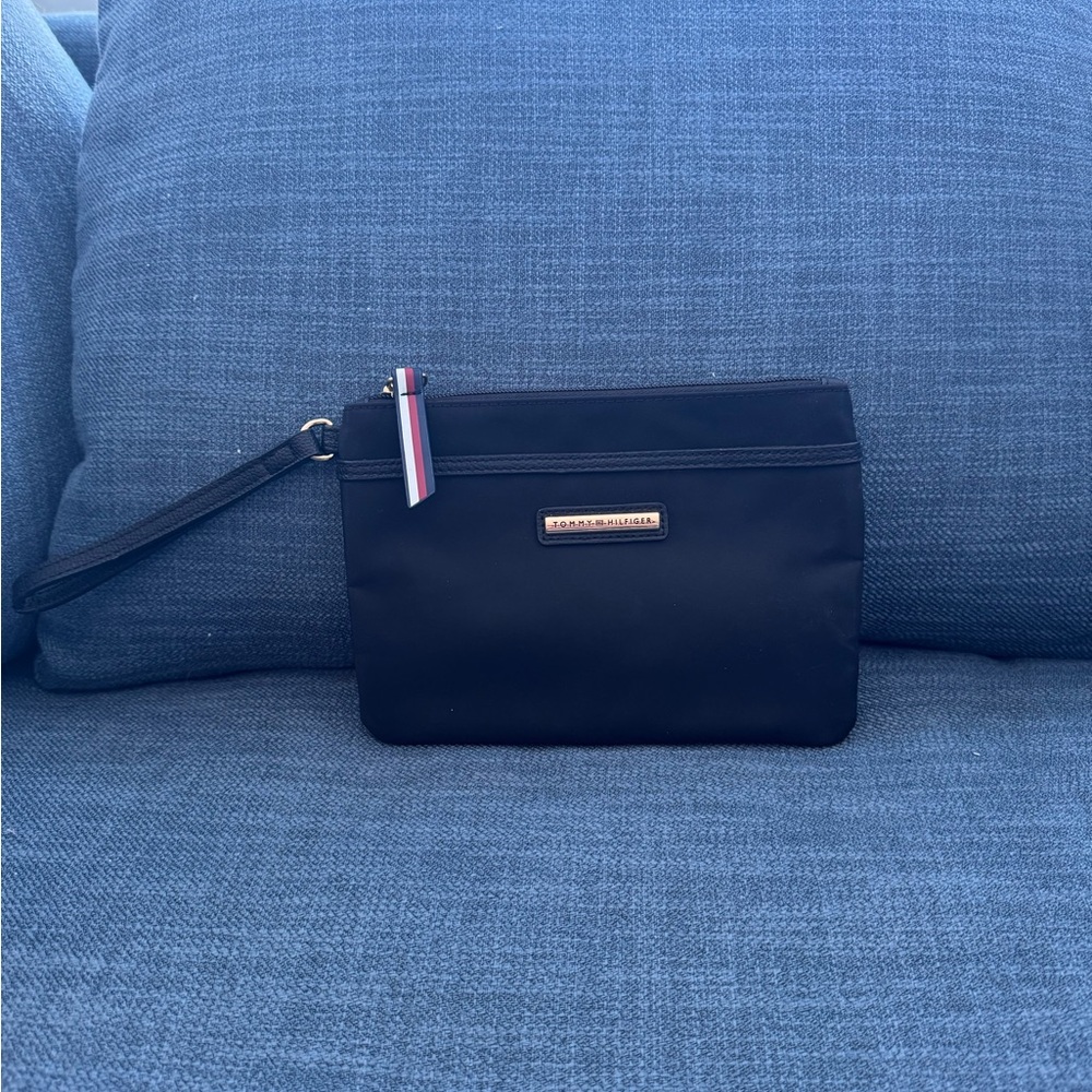 Tommy Hilfiger Black Nylon Wristlet Pouch with Signature Stripe Pull